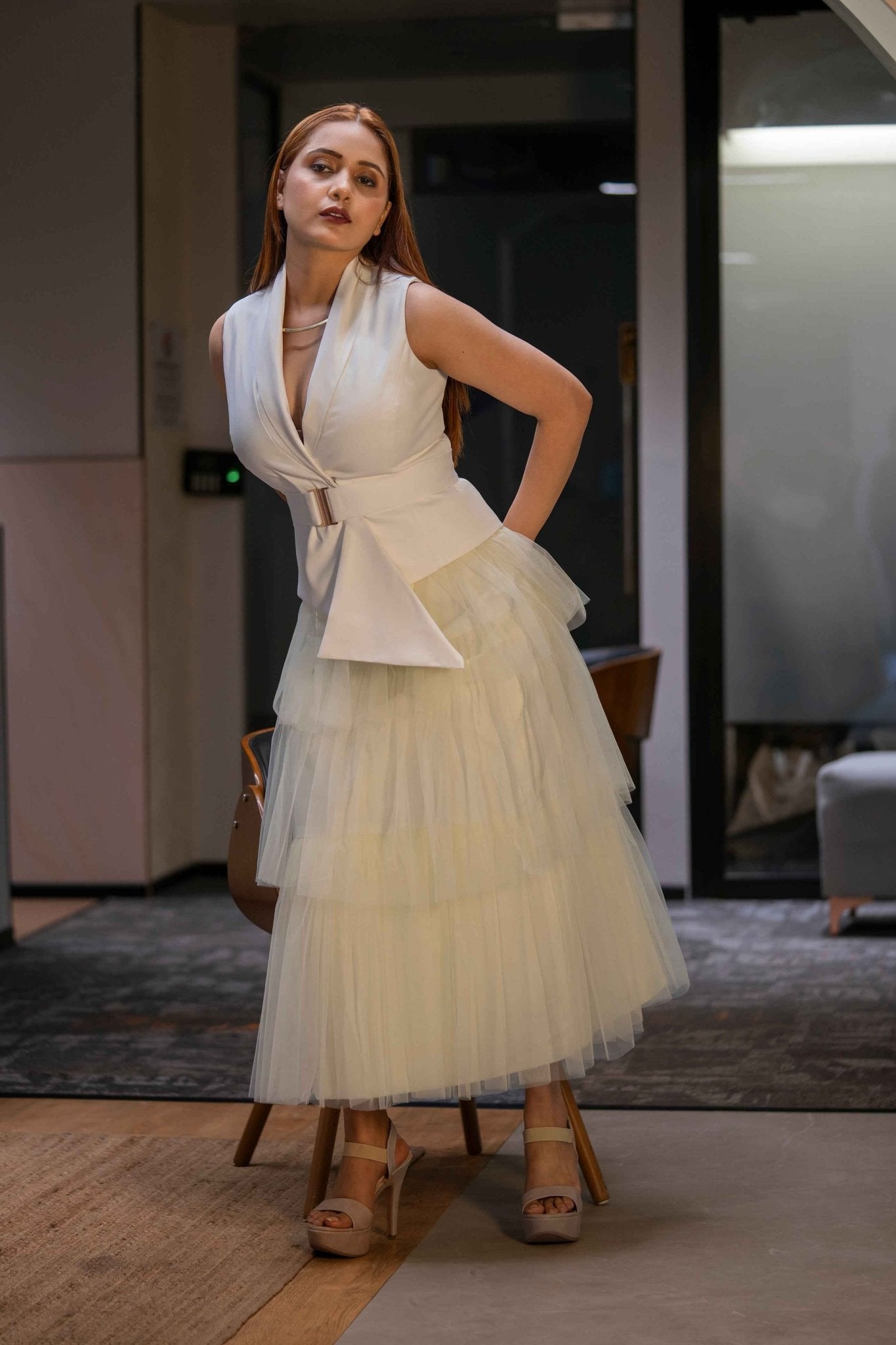 Butter yellow Layer skirt & Ivory waist coat - Soft Contrast